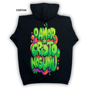 Moletom Canguru Com Capuz Preto O Amor De Cristo Nos Uniu
