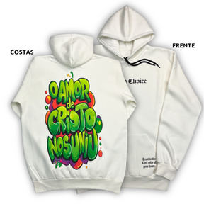 Moletom Canguru Com Capuz Off White O Amor De Cristo Nos Uniu