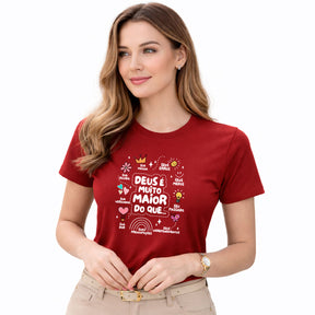 Camiseta Feminina  Vermelha Deus é Muito Maior 