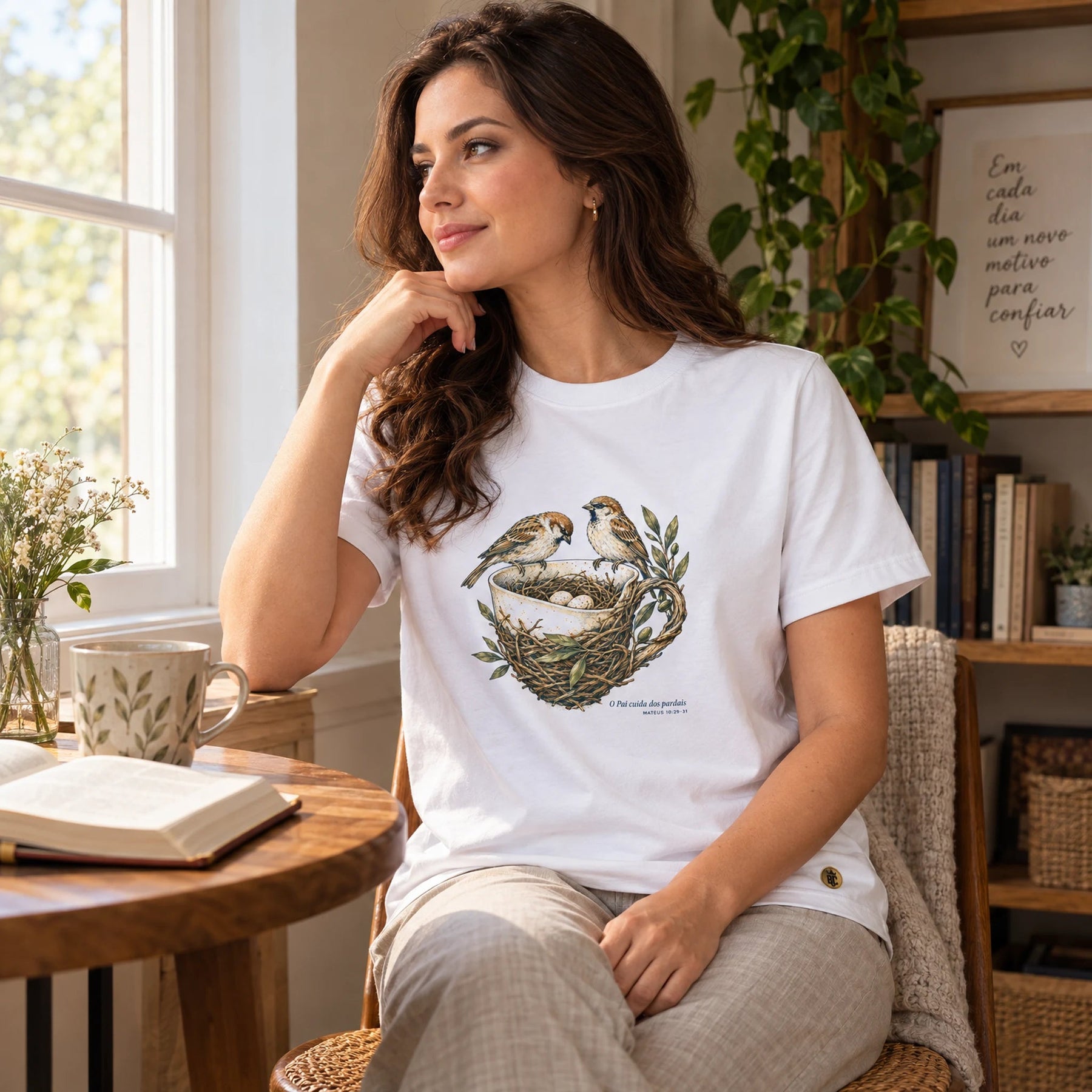 Camiseta Feminina Branca O Pai cuida dos pardais