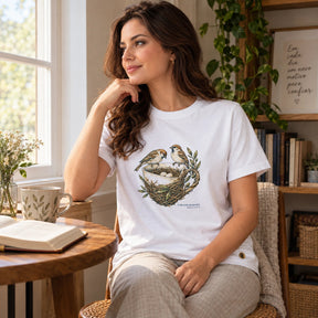 Camiseta Feminina Branca O Pai cuida dos pardais