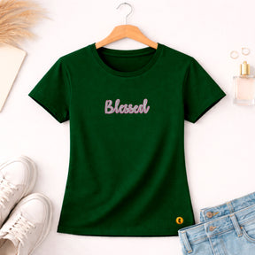 Camiseta Feminina Verde Blessed Glitter Pink Aplique
