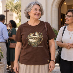 Camiseta Feminina Marrom O Pai cuida dos pardais