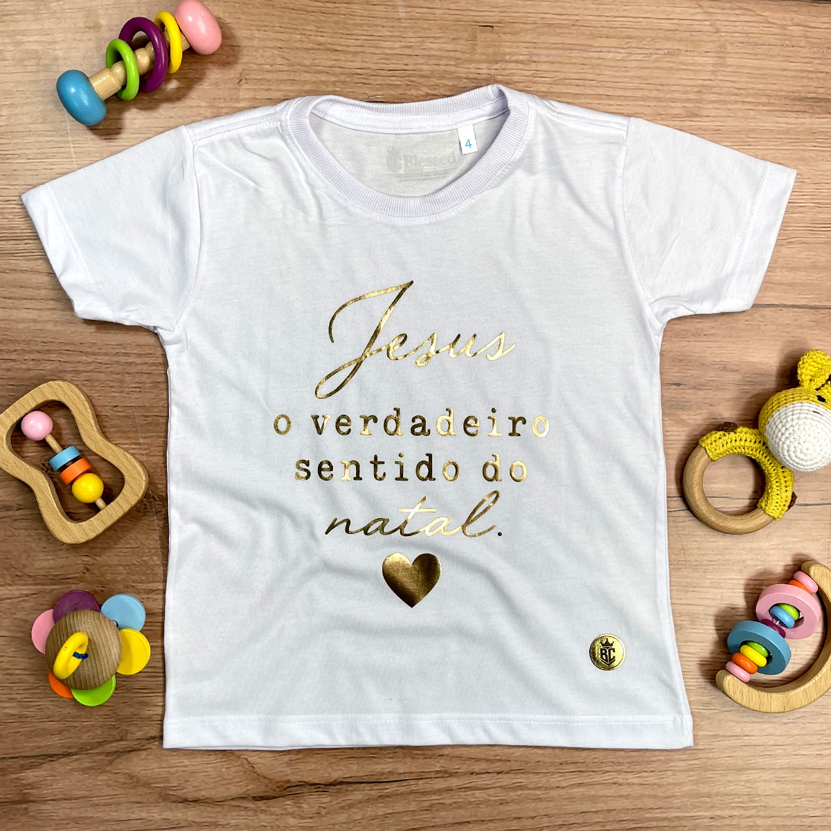 T-Shirt Infantil Branca Jesus o Verdadeiro Sentido do Natal Dourado