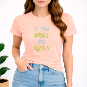 Camiseta Feminina Salmão A Tua Graça Me Basta  Aplique