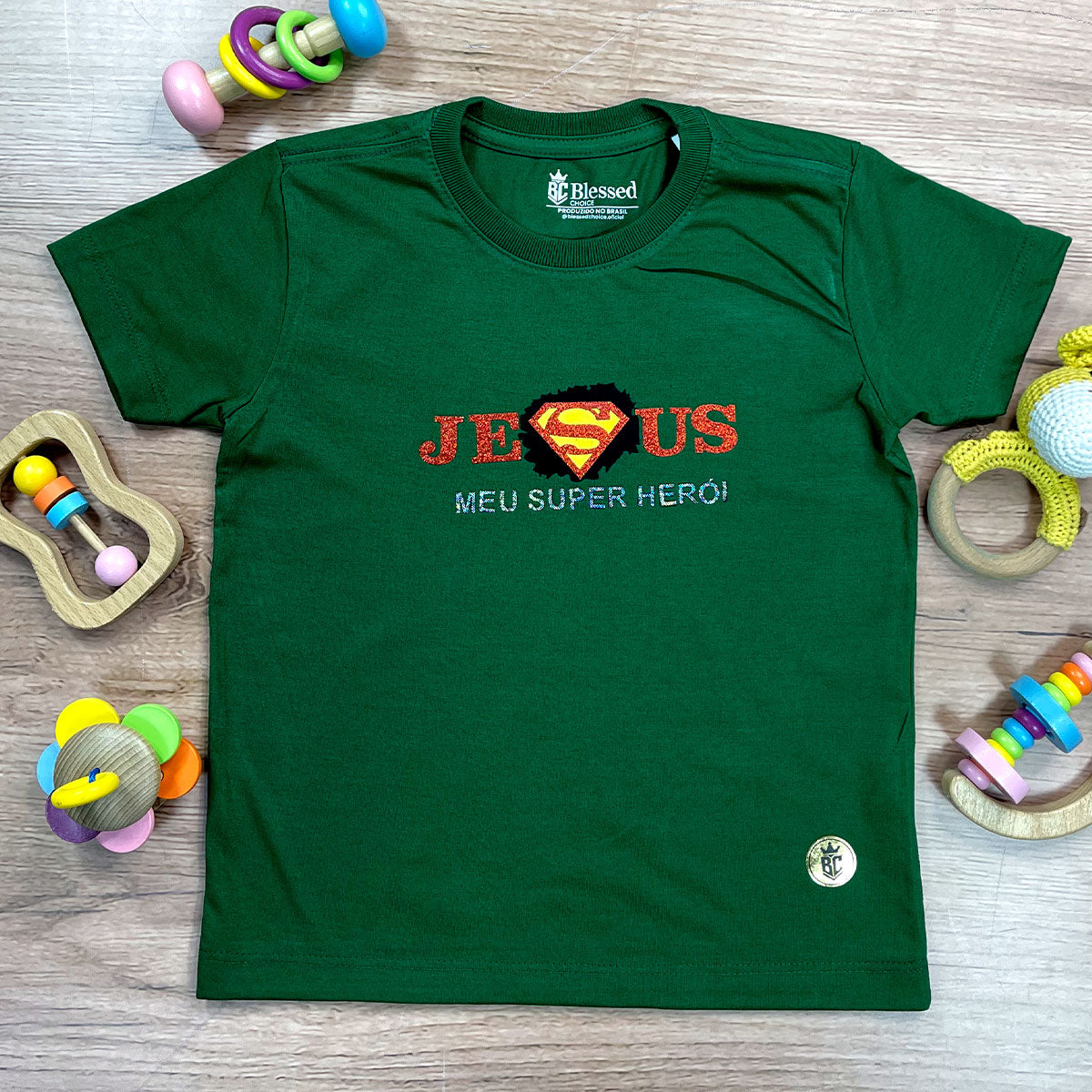 T-Shirt Infantil Verde Jesus Meu Super Herói
