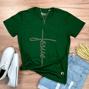 Camiseta Feminina Verde Jesus Strass