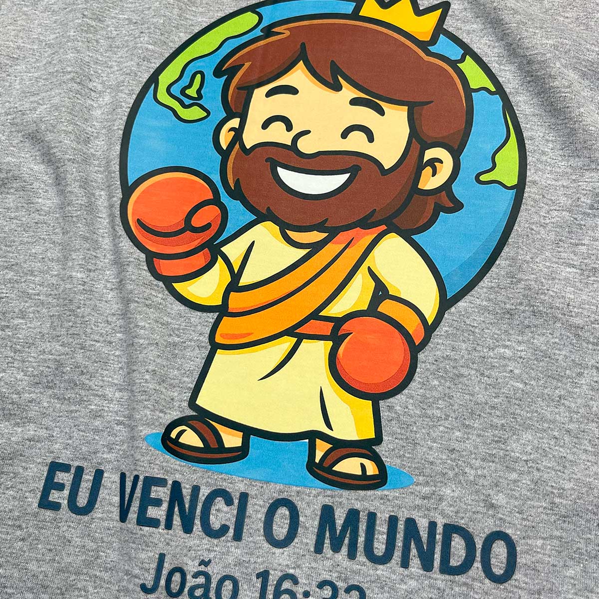 T-Shirt Infantil Cinza Eu Venci o Mundo