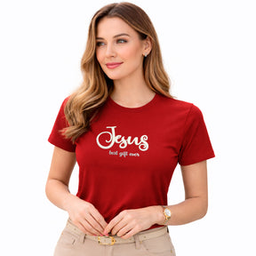 Camiseta Feminina Vermelha Jesus Best Gift Ever Veludo