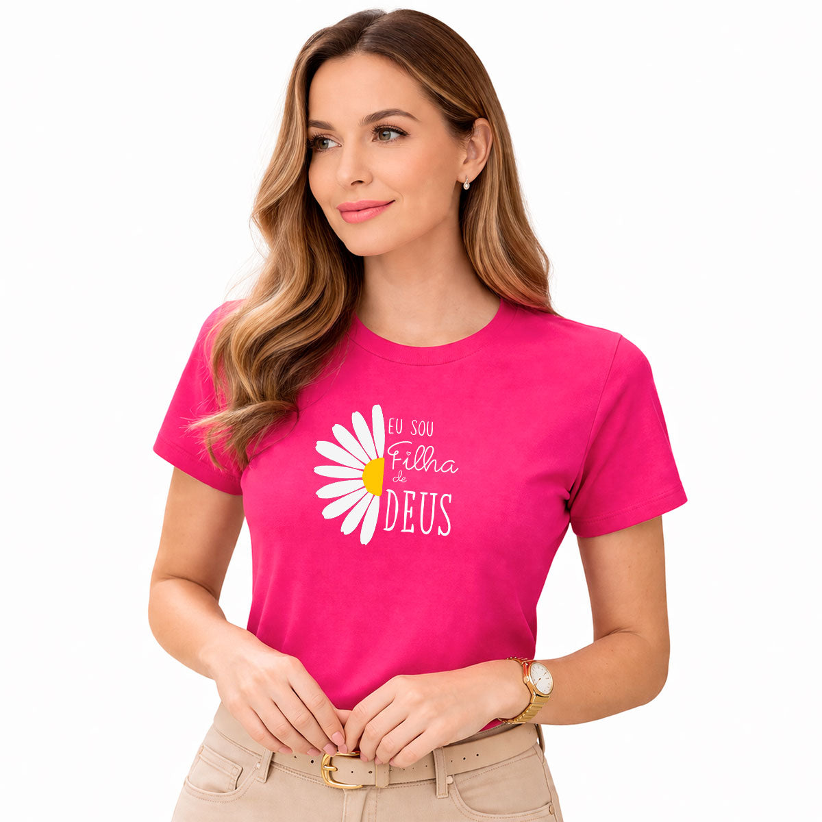 Camiseta Feminina  Pink Flor Eu Sou Filha De Deus 