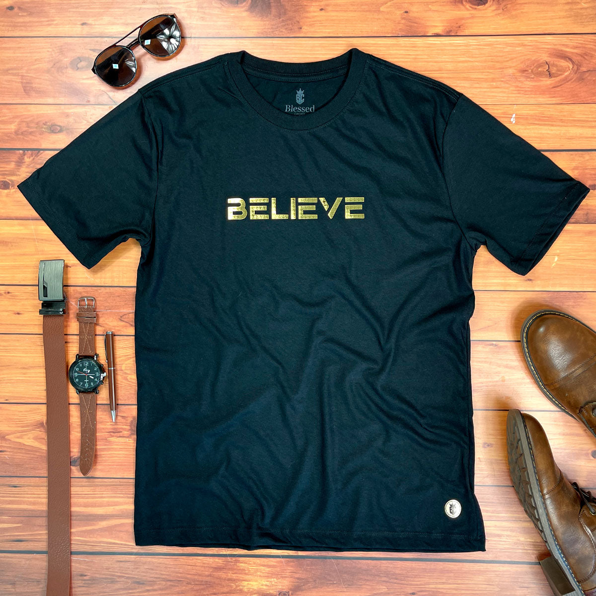 Camiseta Masculina Preta Aplique Believe