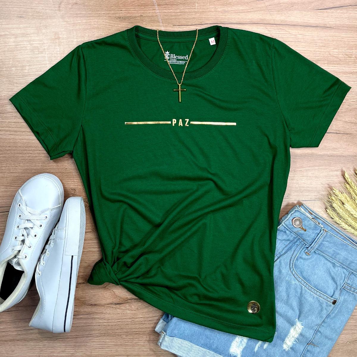 Camiseta Feminina Verde Paz Dourado