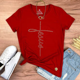 Camiseta Feminina Vermelha Jesus Strass