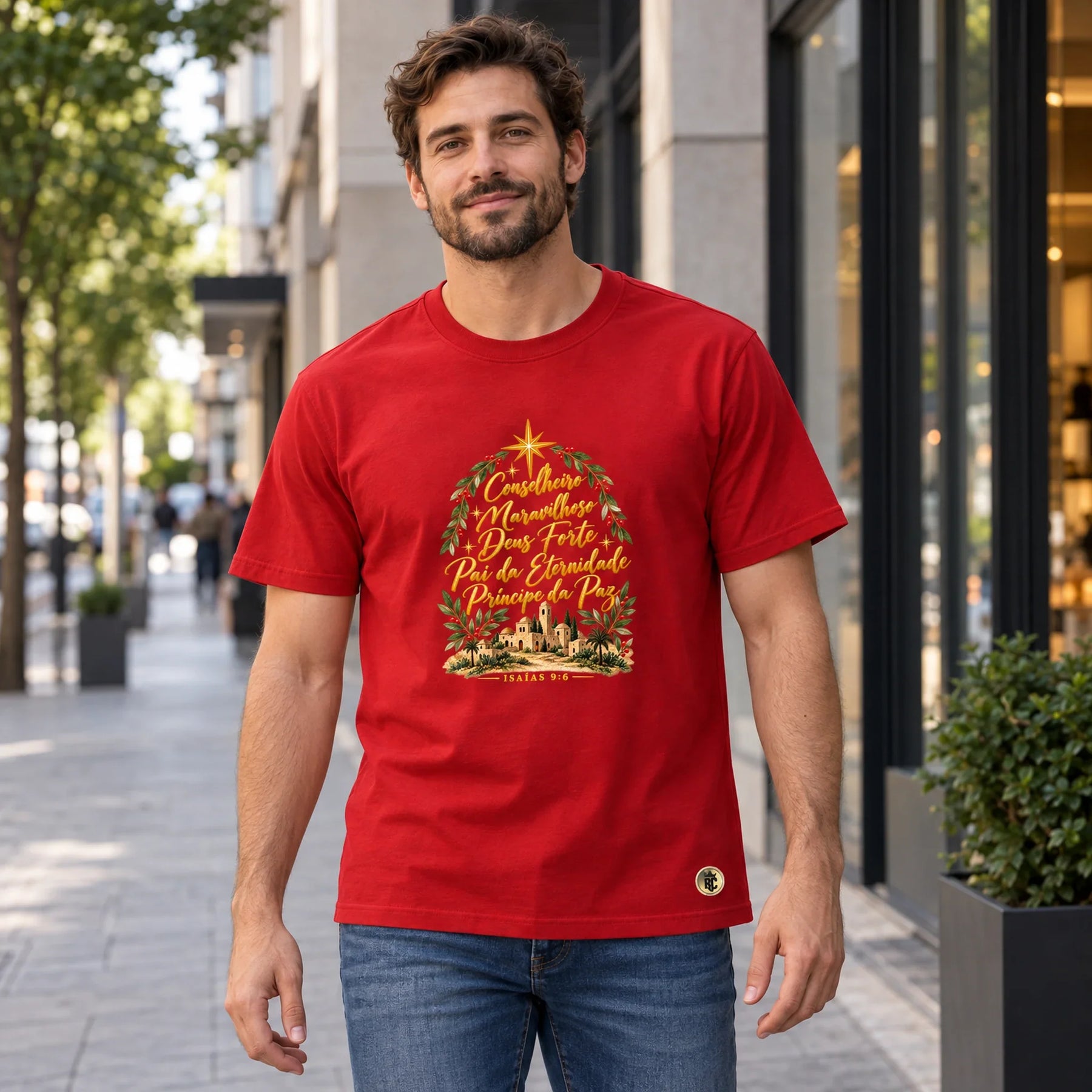 Camiseta Masculina Vermelha Conselheiro Maravilhoso — Ambientada 01