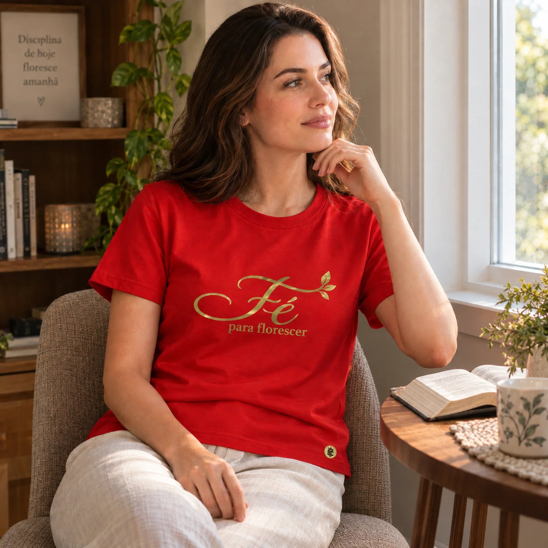 Camiseta Feminina Vermelha Fé para florescer — Ambientada 01