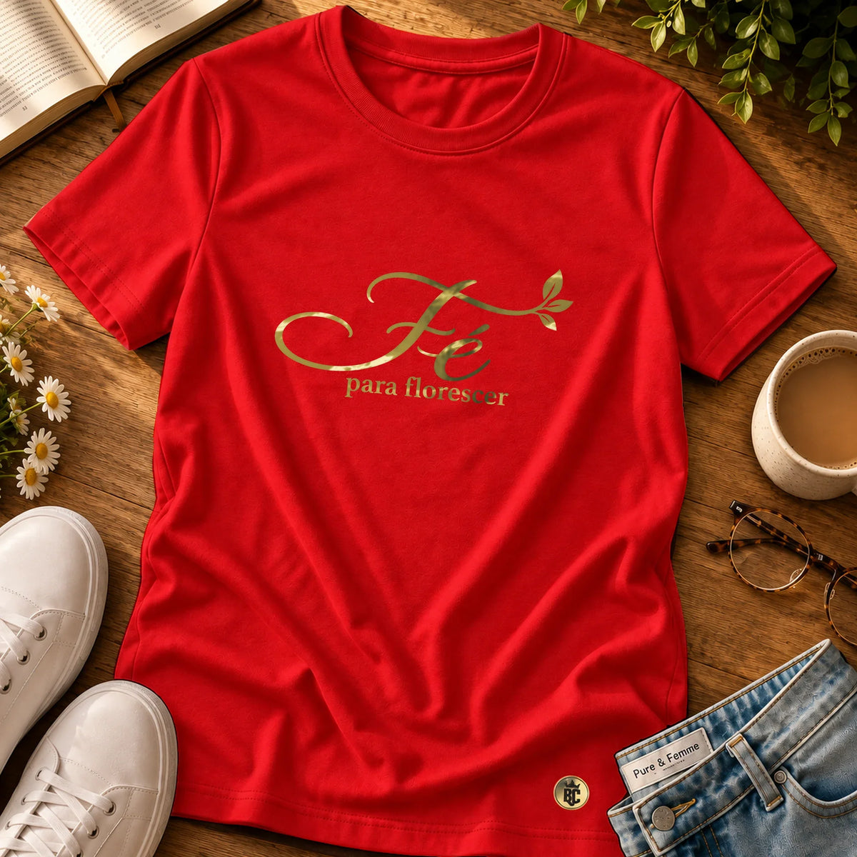 Camiseta Feminina Vermelha Fé para florescer — Principal 01
