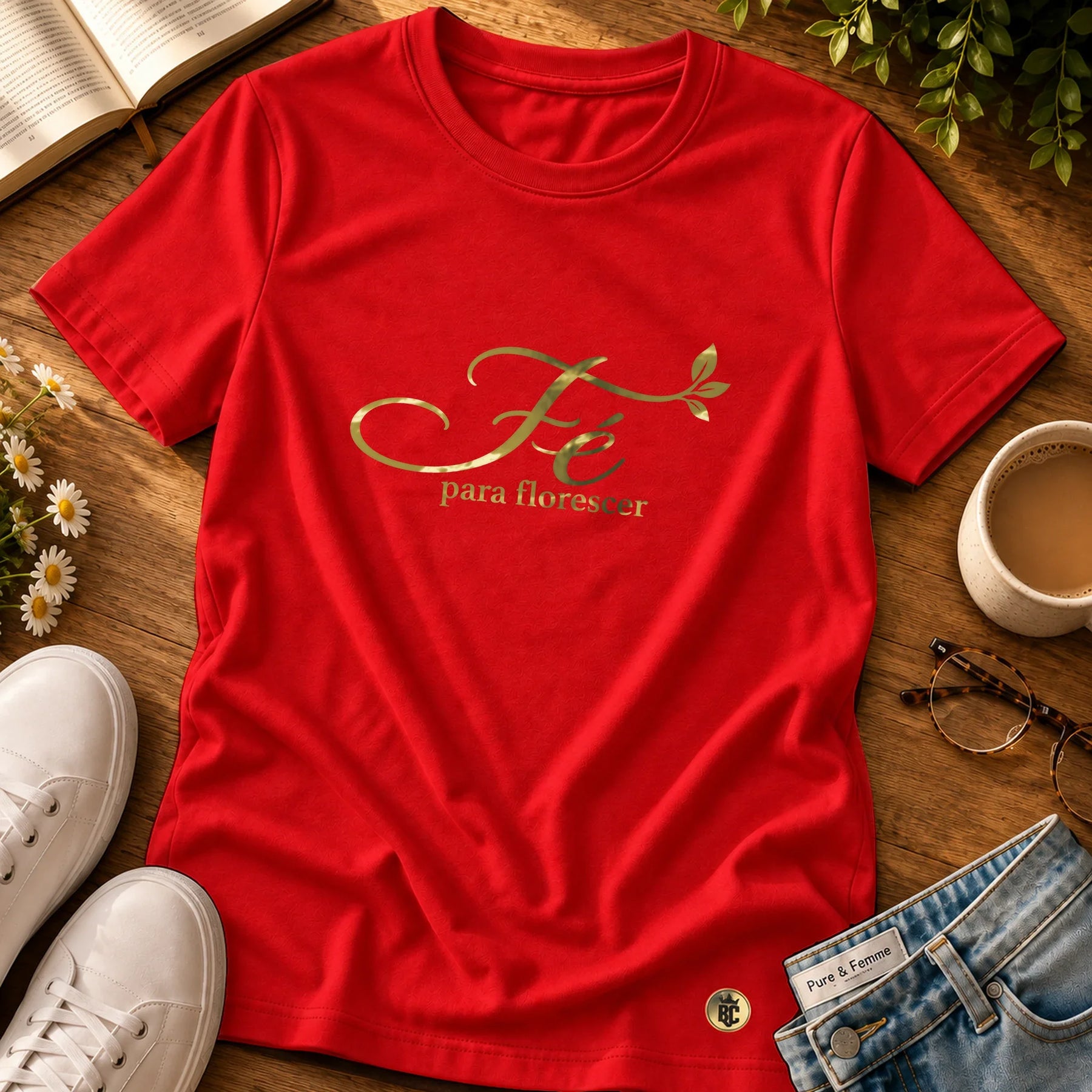 Camiseta Feminina Vermelha Fé para florescer — Principal 01