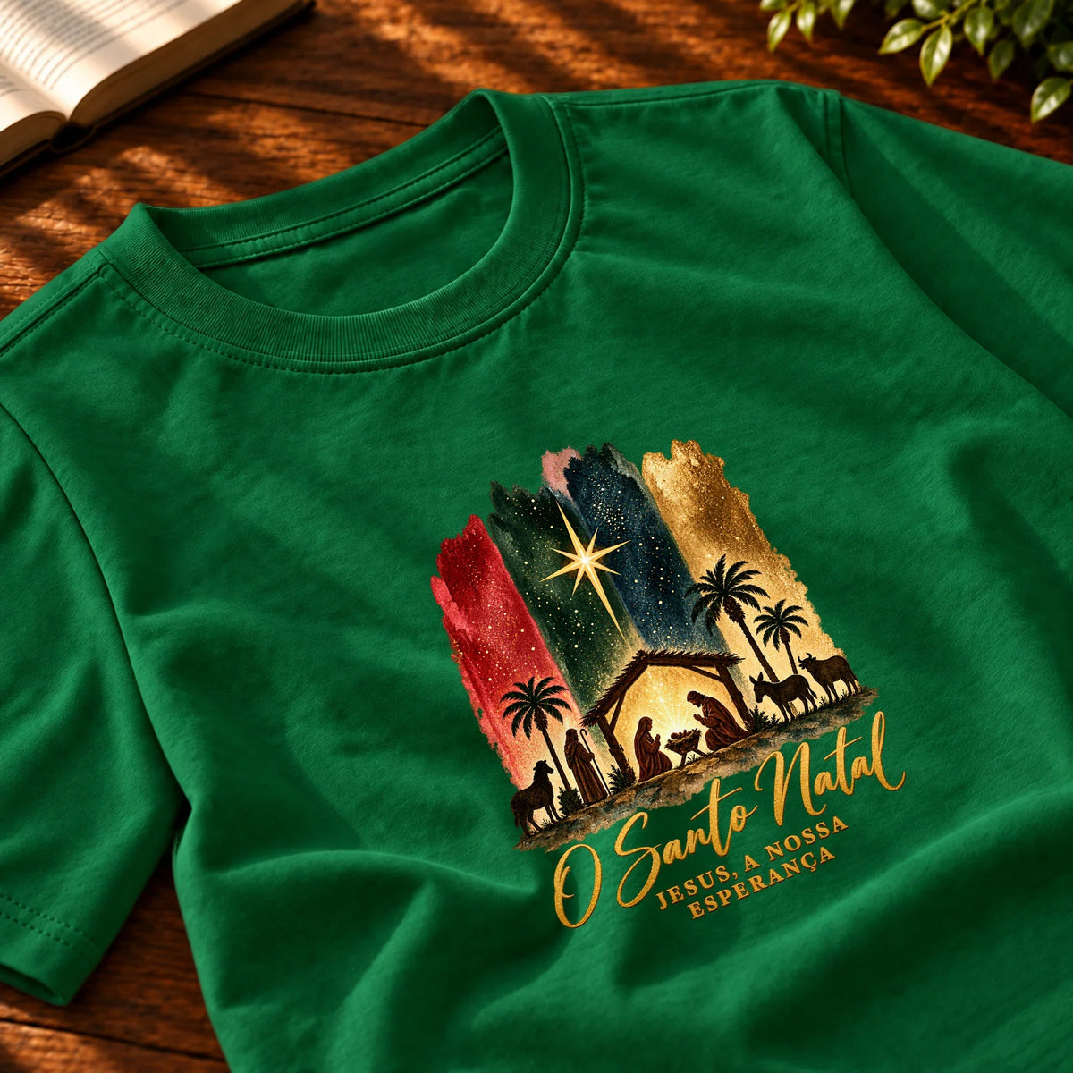 Camiseta Masculina Verde O Santo Natal — Zoom