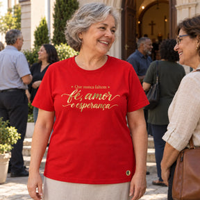 Camiseta Feminina Vermelha Que nunca faltem fé, amor e esperança — Ambientada 04
