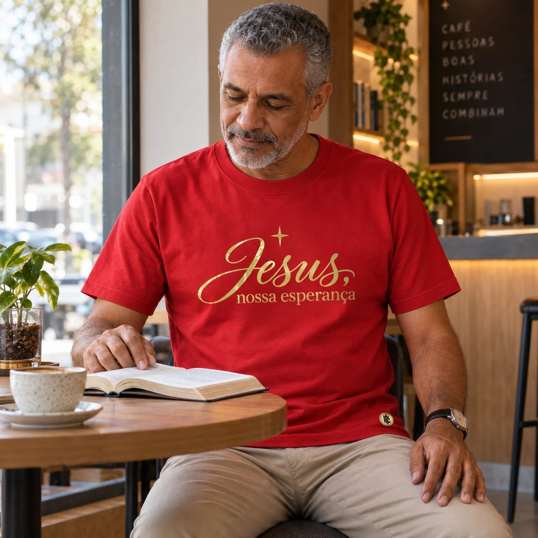 Camiseta Masculina Vermelha Jesus, nossa esperança — Ambientada 04