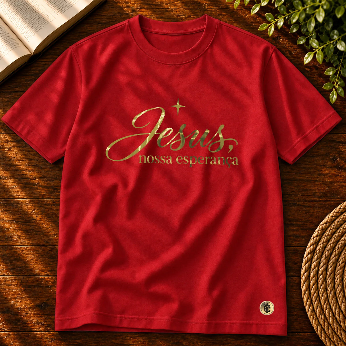 Camiseta Masculina Vermelha Jesus, nossa esperança — Principal 01