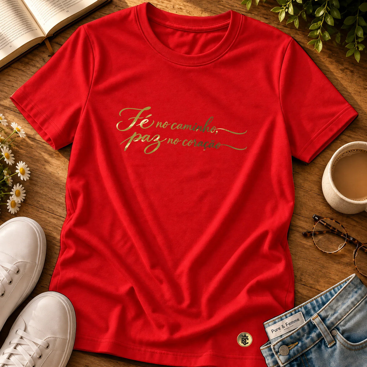Camiseta Feminina Vermelha Fé no caminho, paz no coração — Principal 01