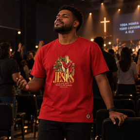 Camiseta Masculina Vermelha Jesus a Luz que nunca se apaga — Ambientada 02
