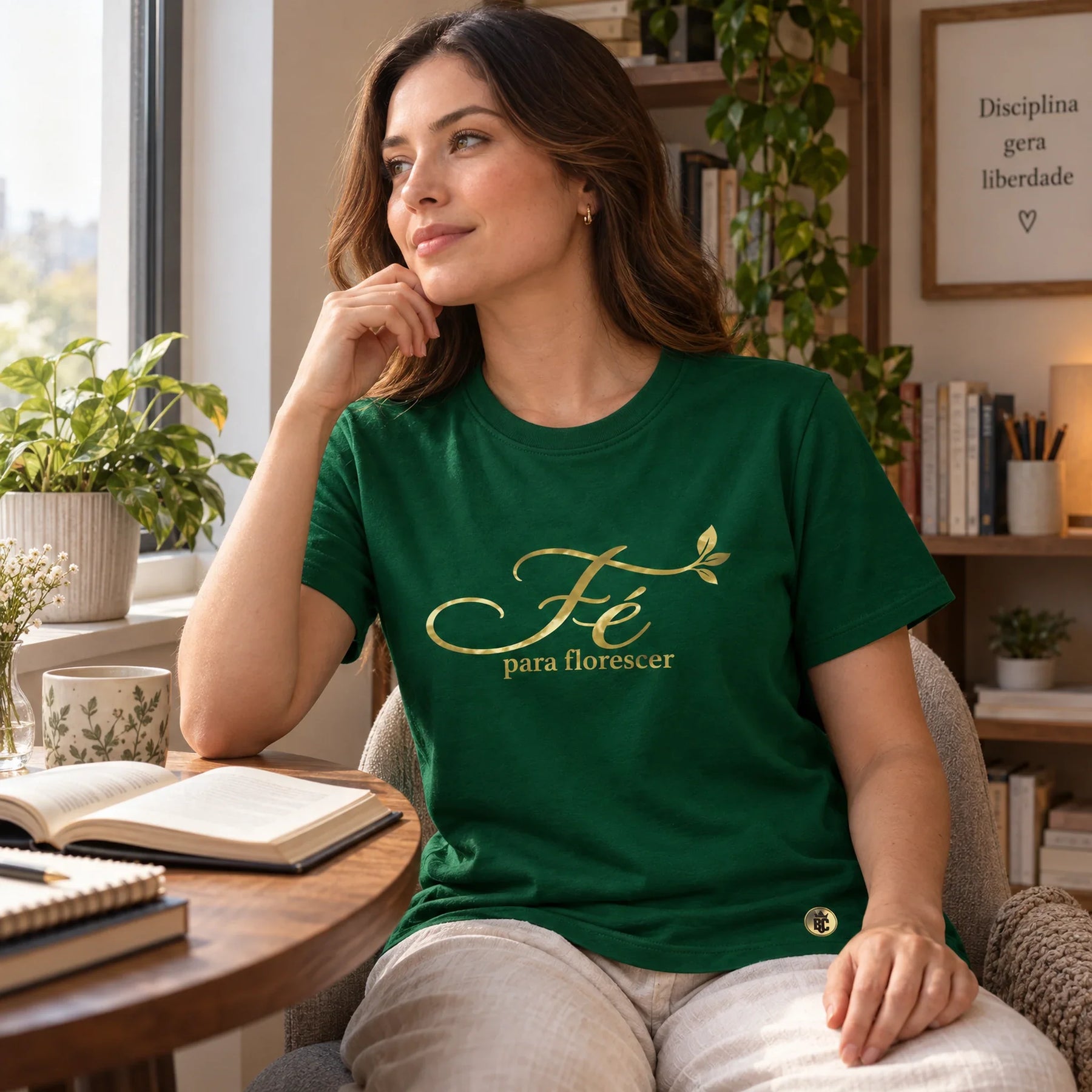Camiseta Feminina Verde Fé para florescer — Ambientada 01