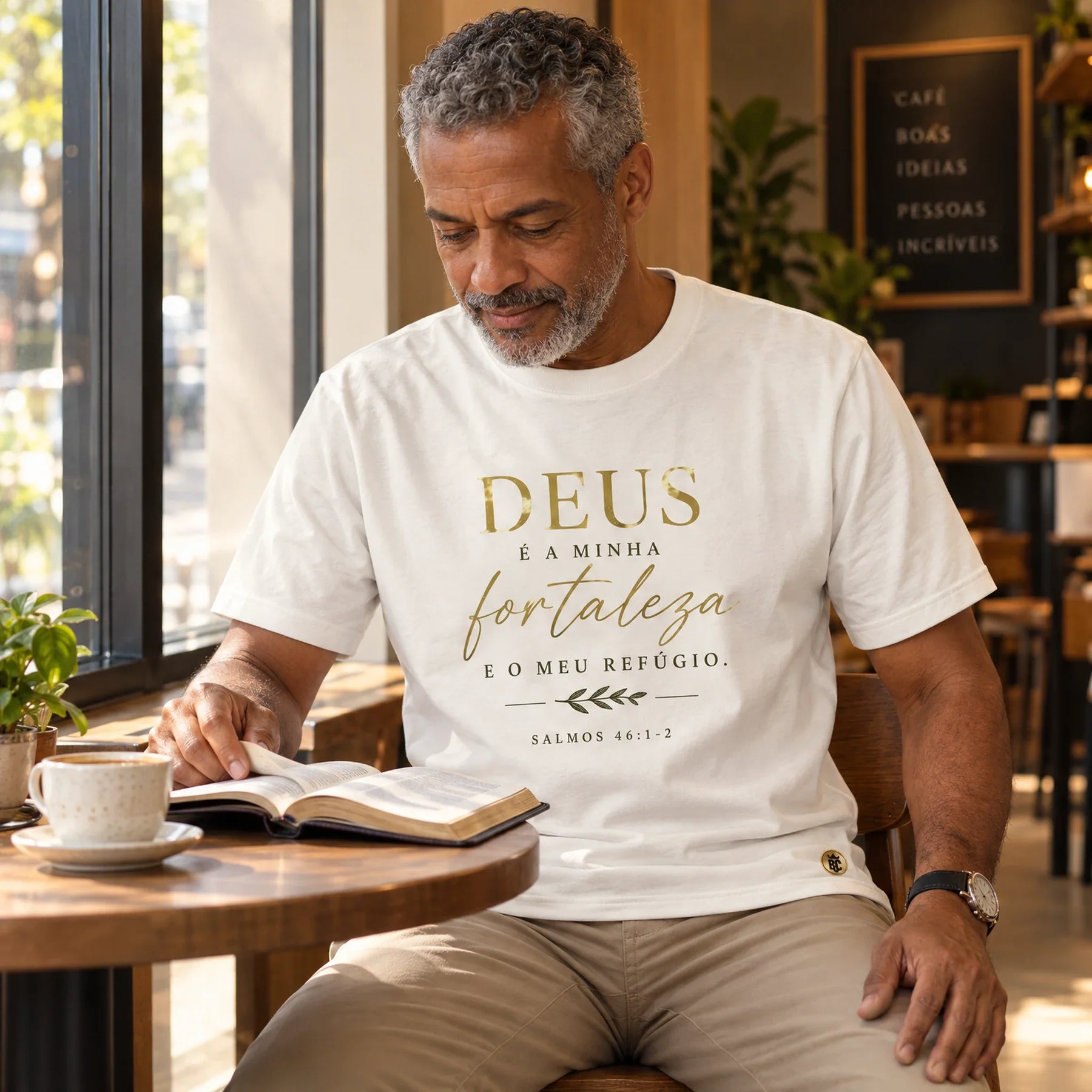 Camiseta Masculina Off White Deus É a Minha Fortaleza — Ambientada 04