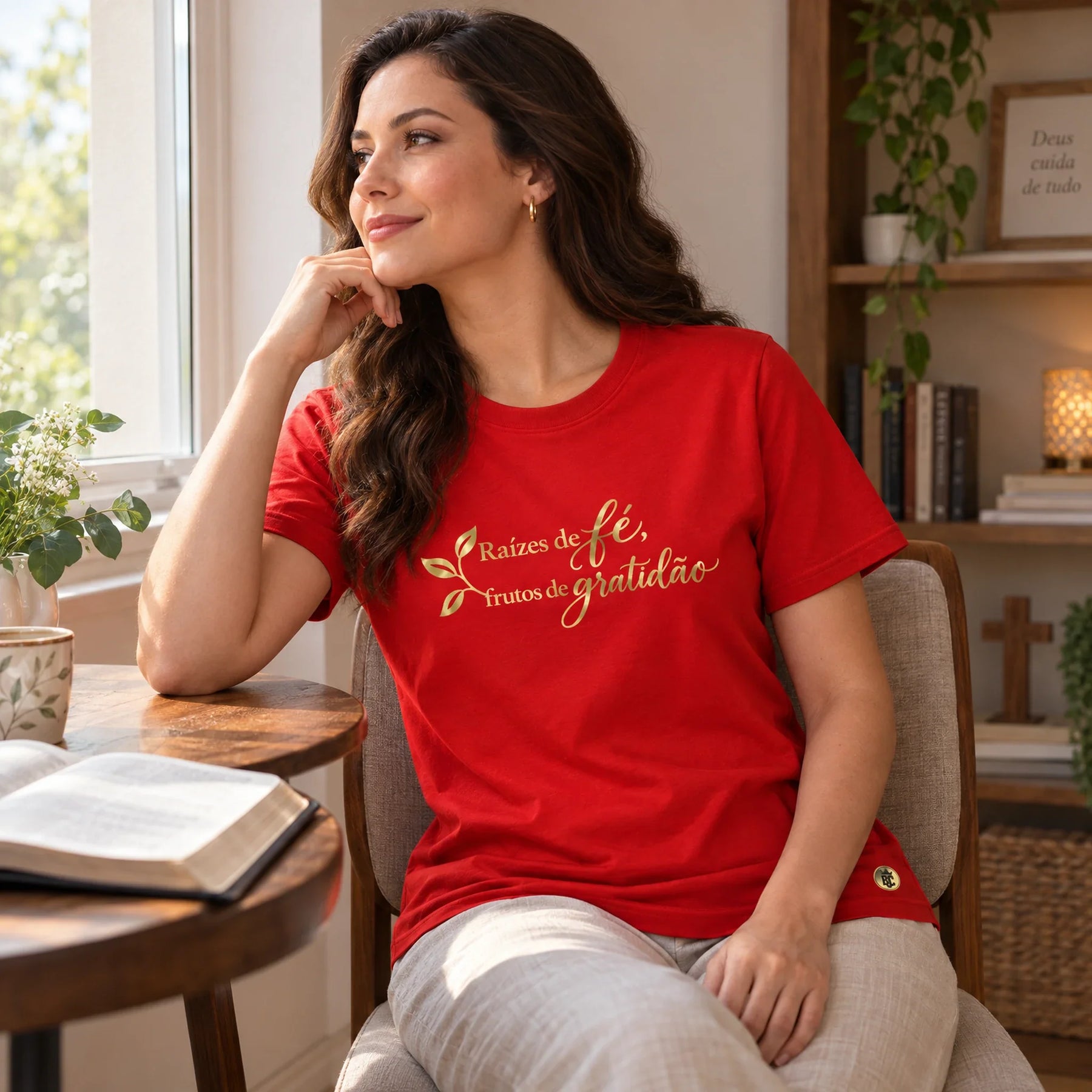 Camiseta Feminina Vermelha Raízes de fé, frutos de gratidão — Ambientada 01