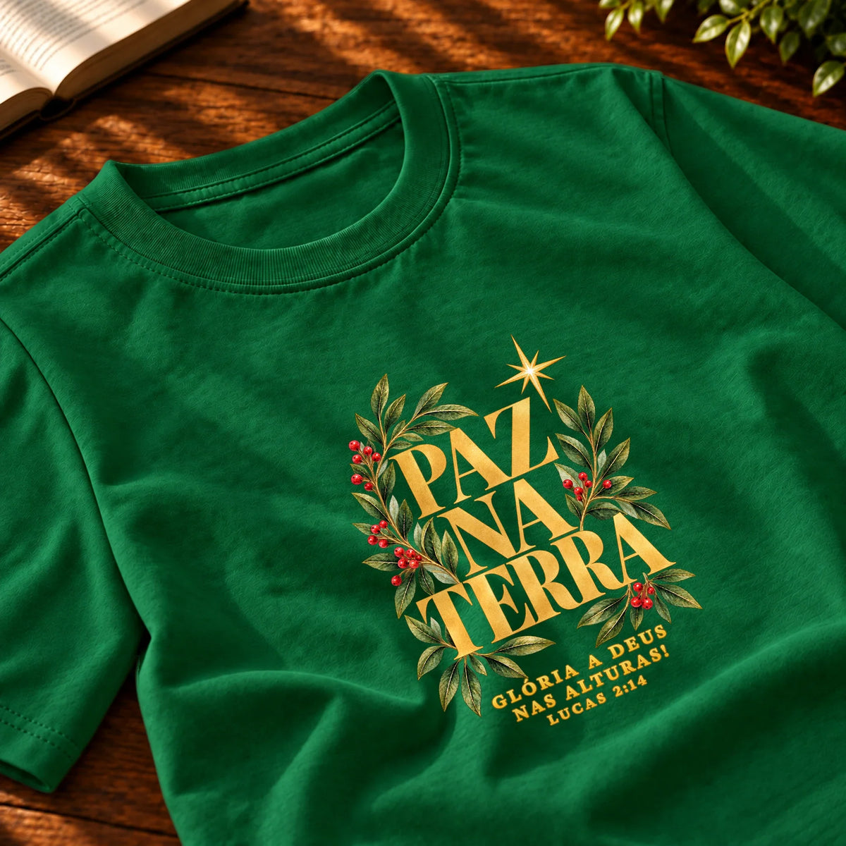 Camiseta Masculina Verde Paz na Terra — Zoom