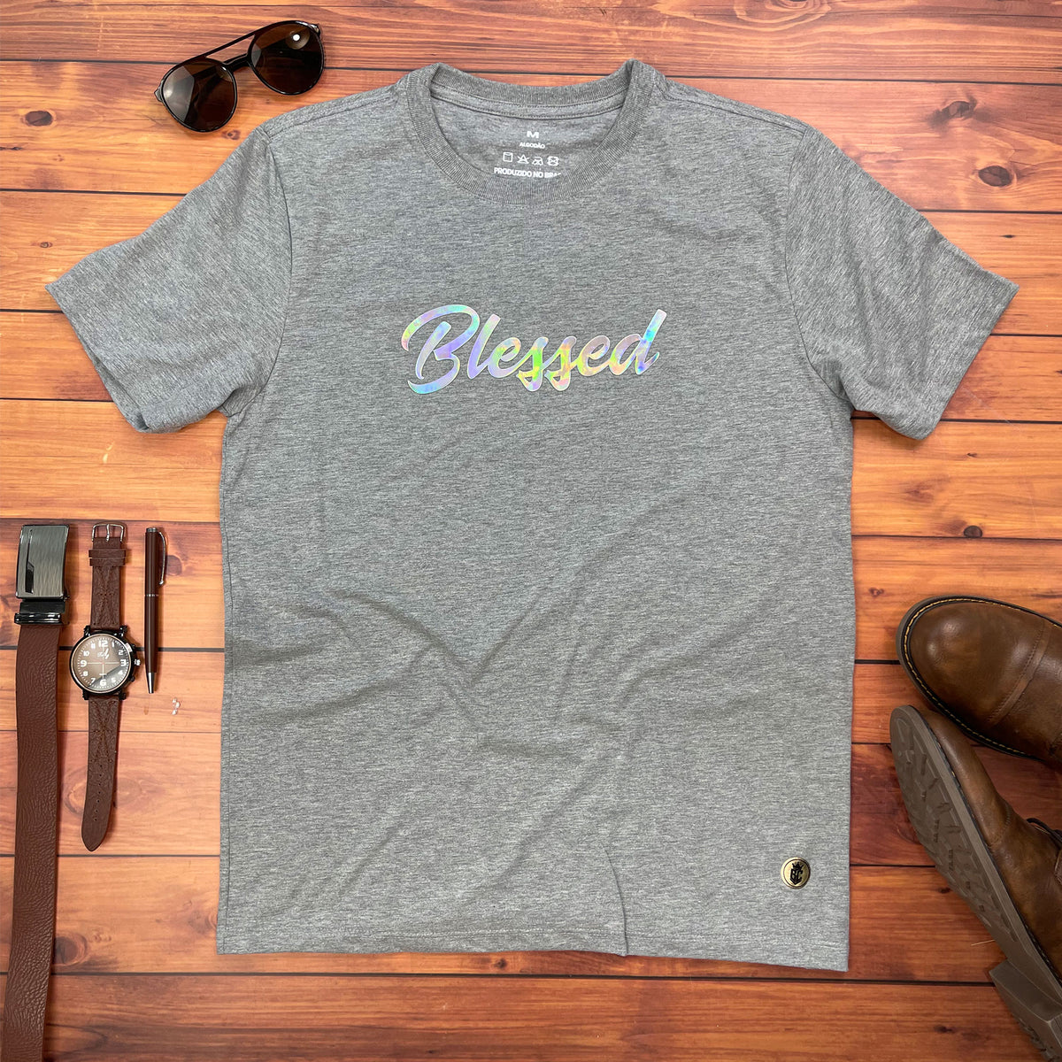 Camiseta Masculina Cinza Blessed Holográfico