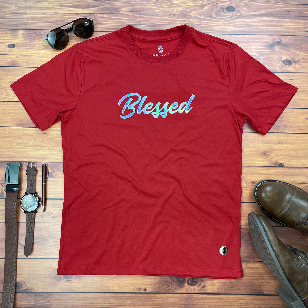 Camiseta Masculina Vermelha Blessed Holográfico