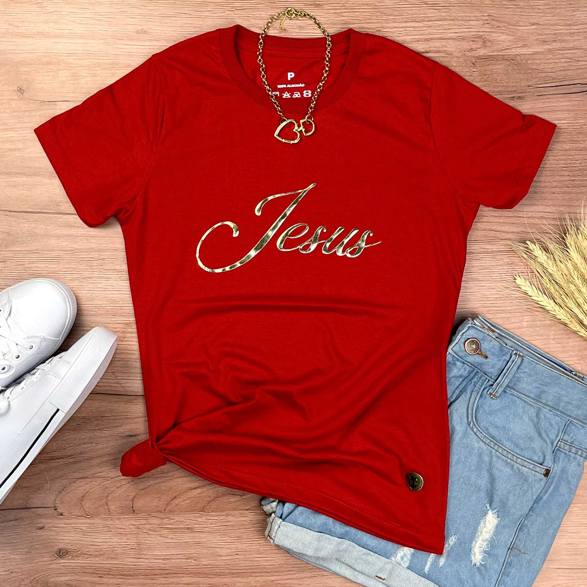 Camiseta Feminina Vermelha Jesus Dourado