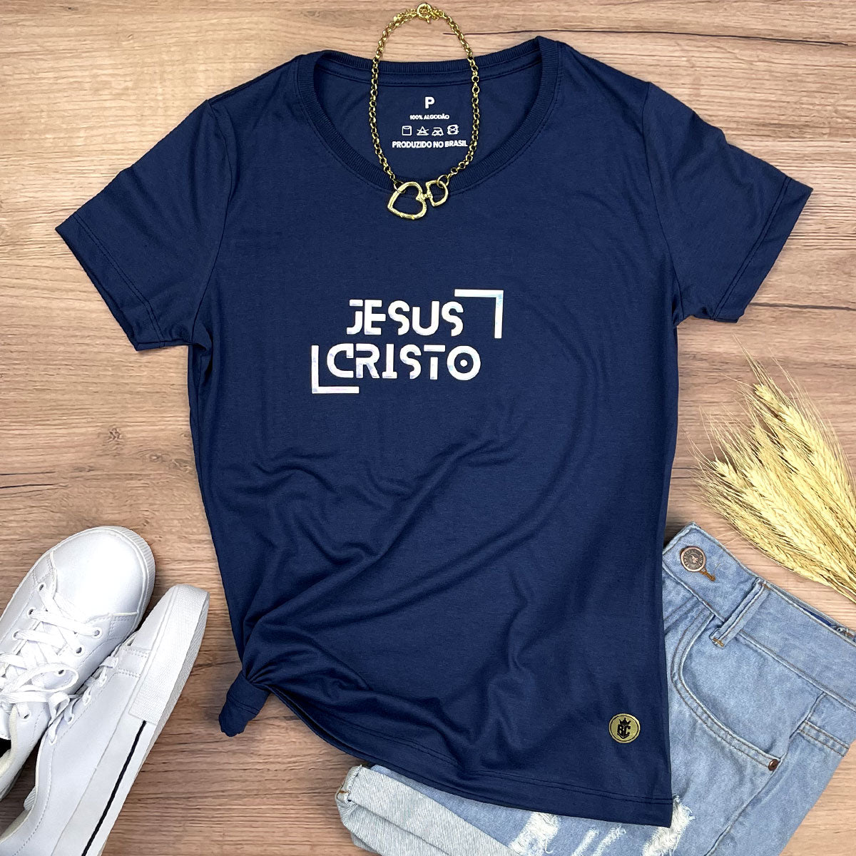 Camiseta Feminina Azul Jesus Cristo Holográfico