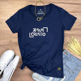 Camiseta Feminina Azul Jesus Cristo Holográfico