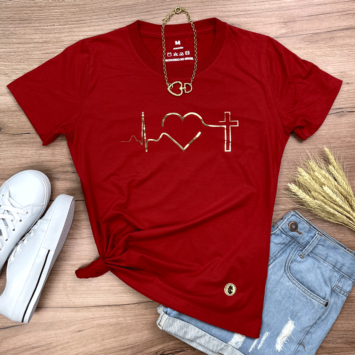 Camiseta Feminina Vermelha Batimento Coração Dourado
