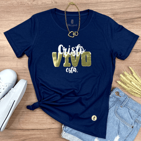 Camiseta Feminina Azul Cristo Vivo Está