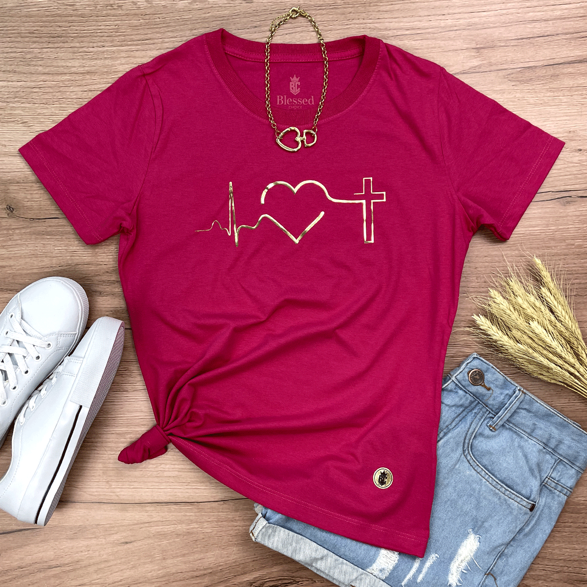 Camiseta Feminina Pink Batimento Coração Dourado