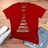 Camiseta Feminina Vermelha Árvore Fé Paz Dourado