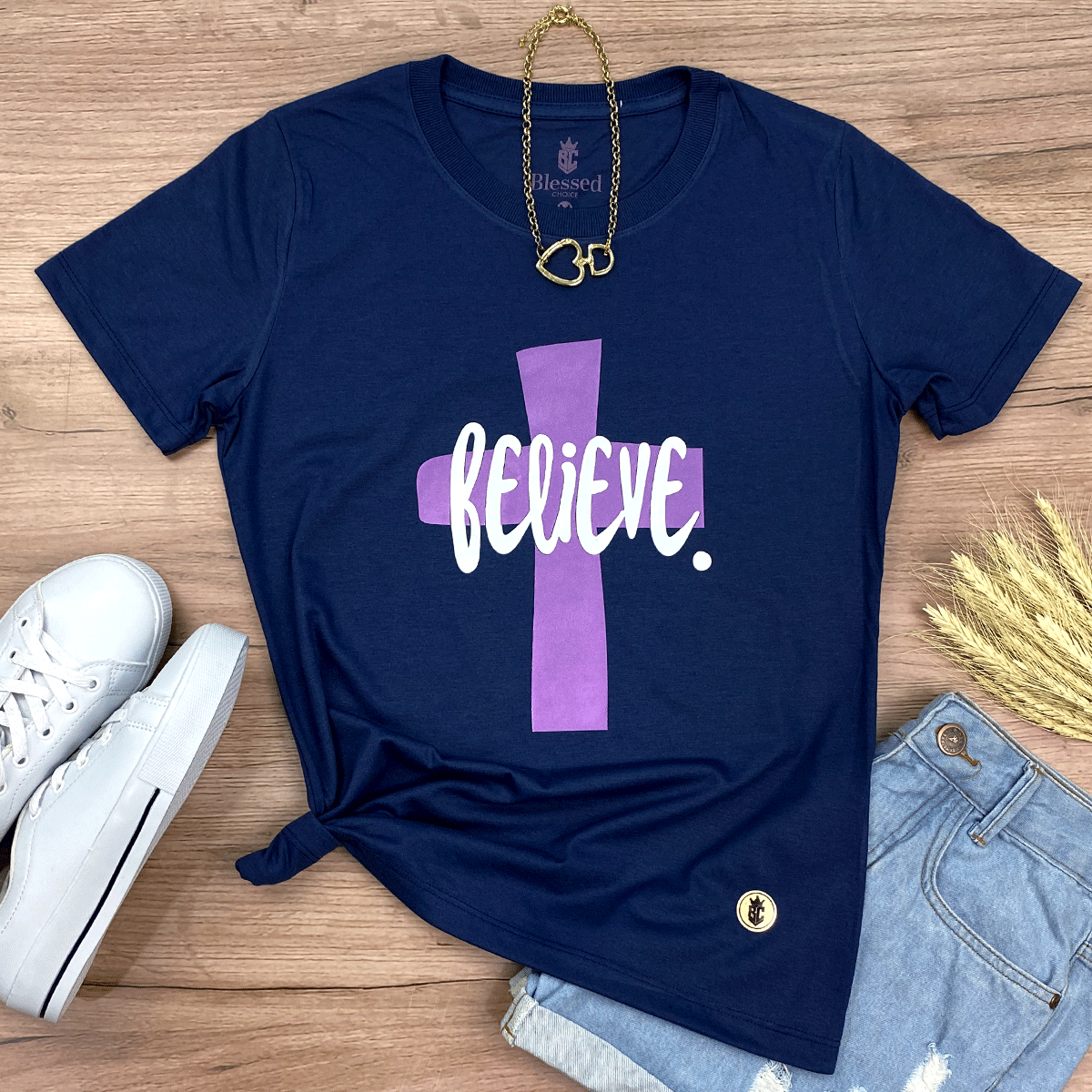 Camiseta Feminina Azul Believe