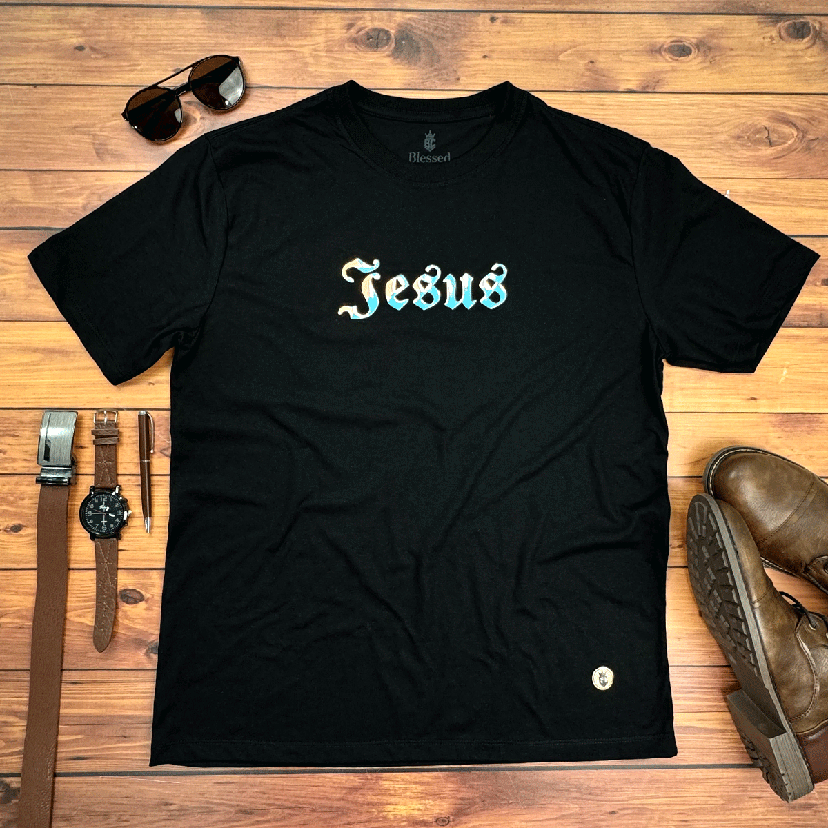 Camiseta Masculina Preta Aplique Jesus