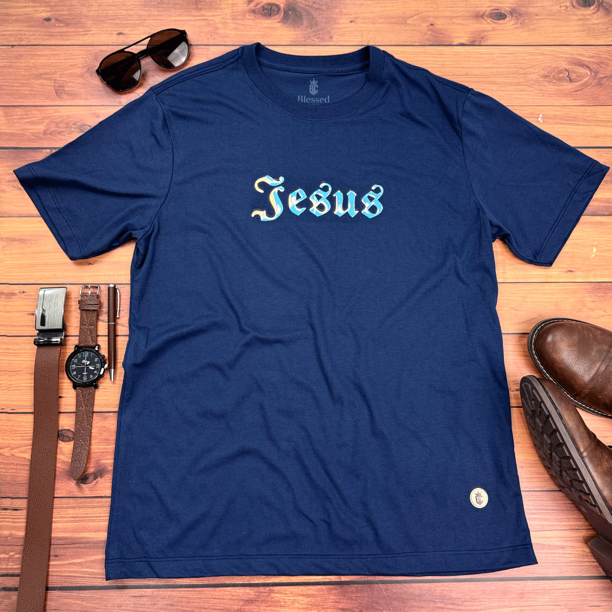 Camiseta Masculina Azul Aplique Jesus
