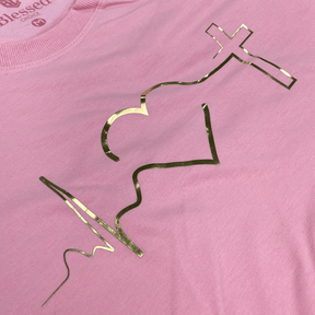 Camiseta Feminina Rosa Batimento Coração Dourado