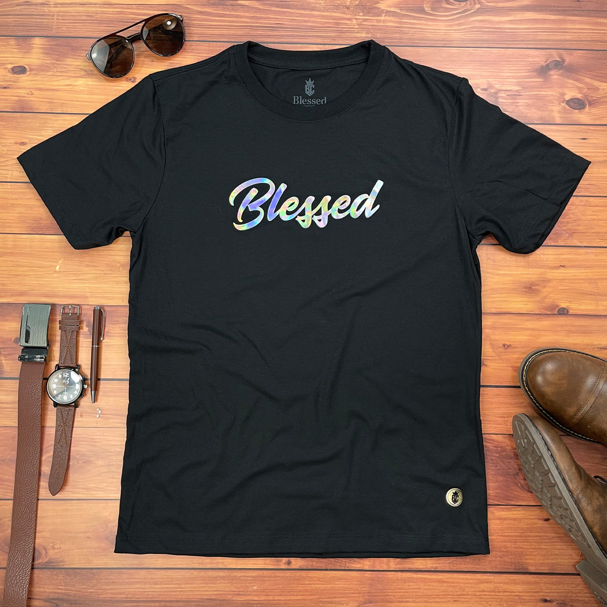 Camiseta Masculina Preta Blessed Holográfico