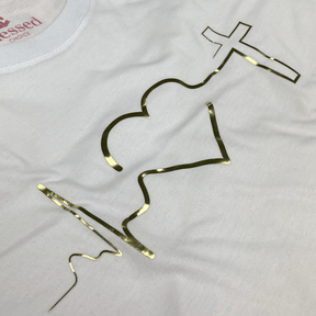Camiseta Feminina Branca Batimento Coração Dourado