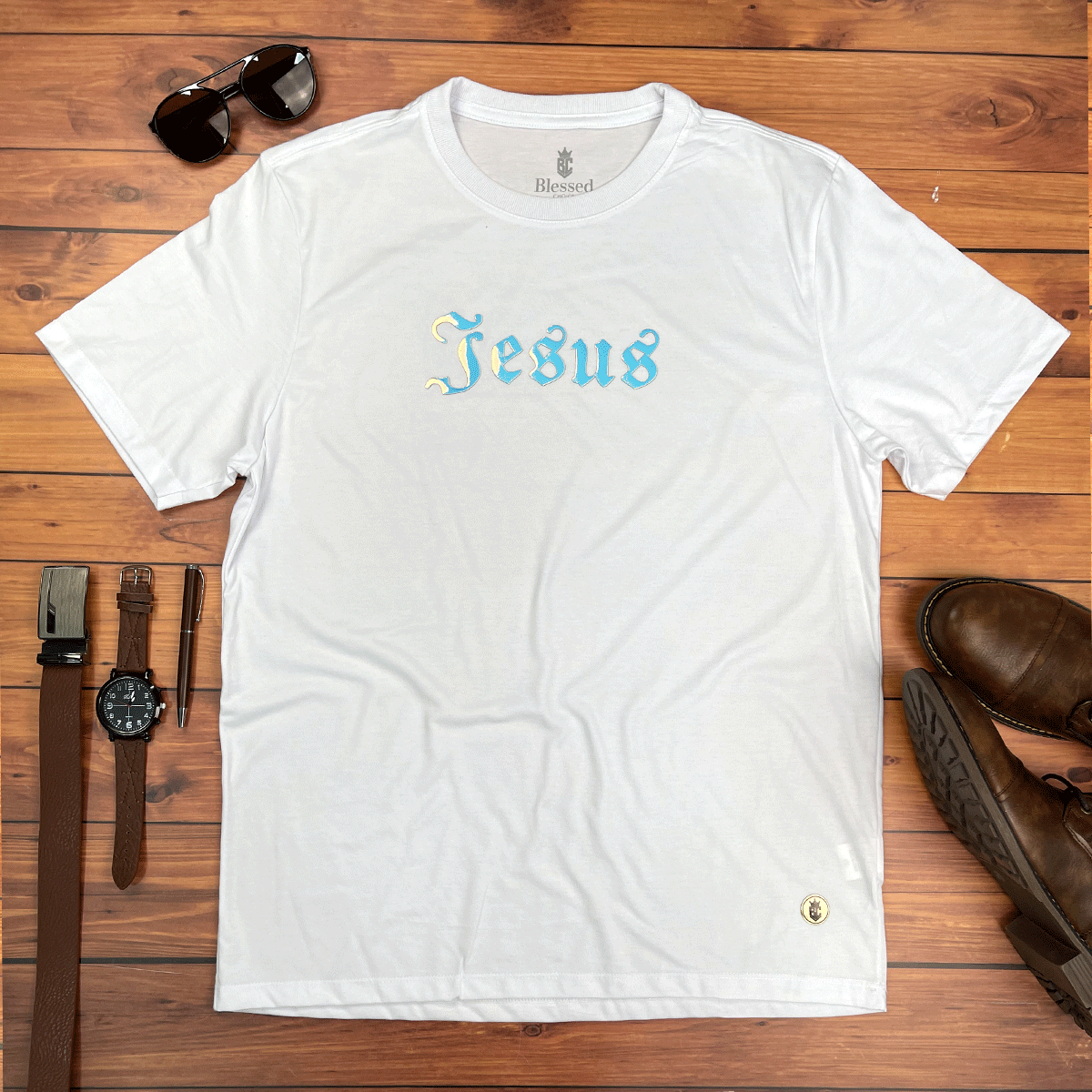 Camiseta Masculina Branca Aplique Jesus